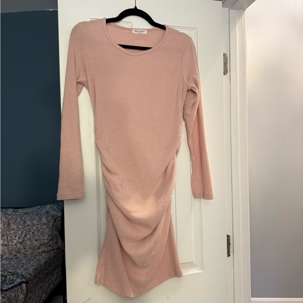 Pink Scoop Neck Ruched Long Sleeve Dress